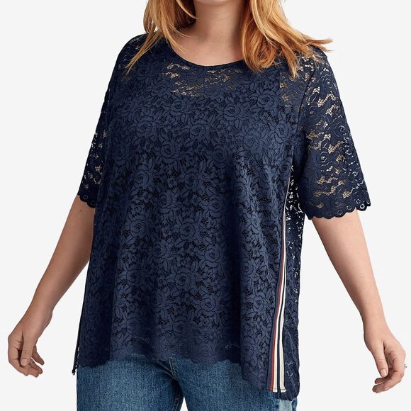 ELLOS Navy Side-Stripe Elbow-Length Lace Tunic Tee w/Camisole (Plus 1X) - Picture 1 of 11